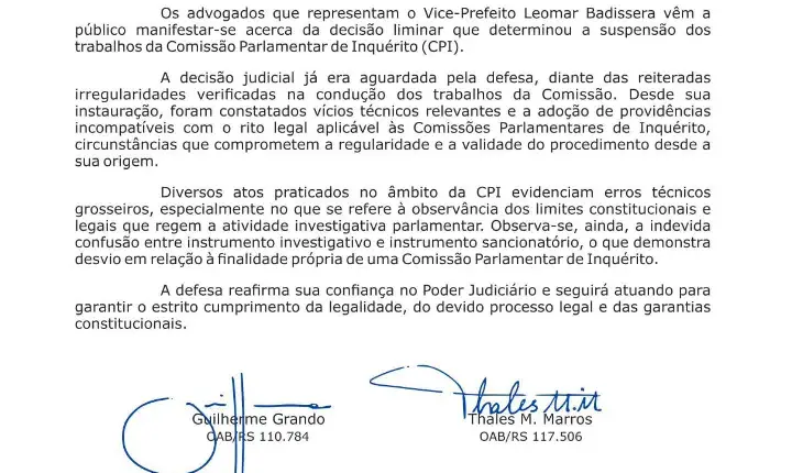 CPI | Nota Oficial da Defesa do Vice-Prefeito Pipo Baldissera